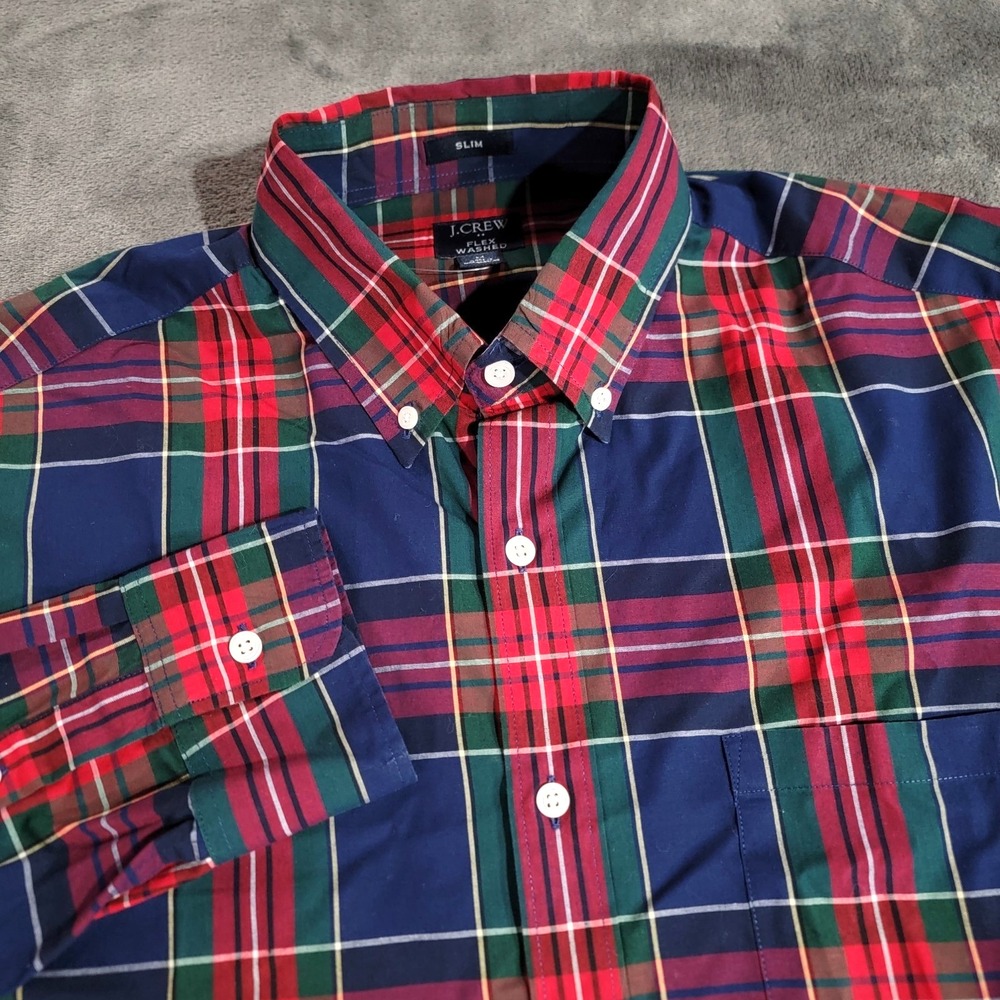 J Crew Shirt Men Medium Red Blue Plaid Slim Flex Washed Stretch Long Sleeve NWOT